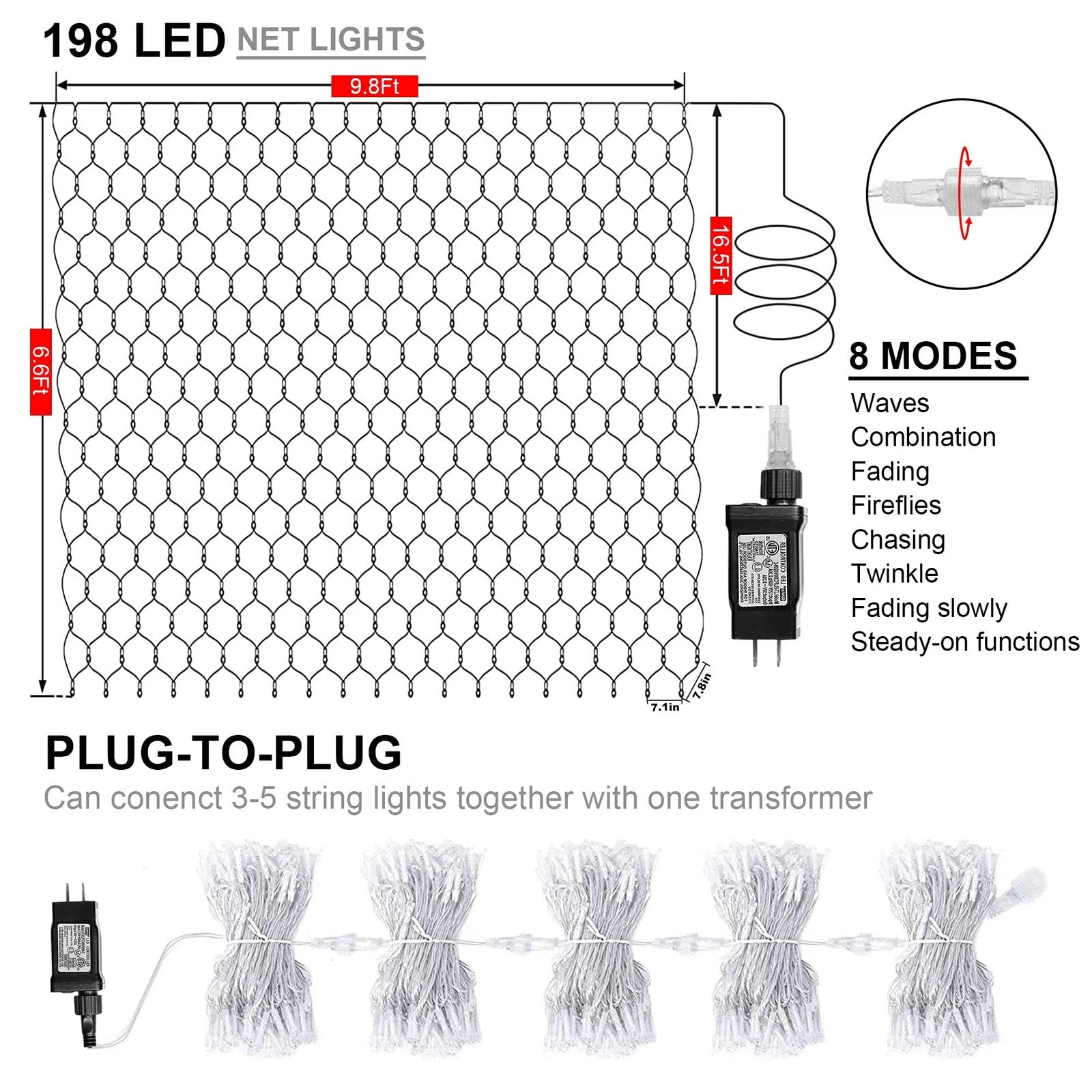 Outdoor Christmas Net Lights, 198 LED 9.8FT x 6.6FT Connectable Mesh Lights w... 07FC0E-D4 - KOEEK