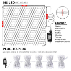 Outdoor Christmas Net Lights, 198 LED 9.8FT x 6.6FT Connectable Mesh Lights w... 07FC0E-D4 - KOEEK