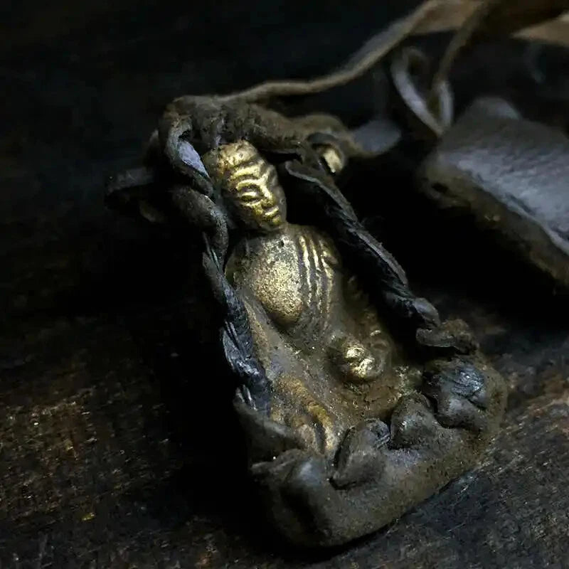 1PC Tibetan Medicine BUDDHA Amulet Necklace Small Pocket Buddha Cow Leather Rope 07FC0E-D4 - KOEEK