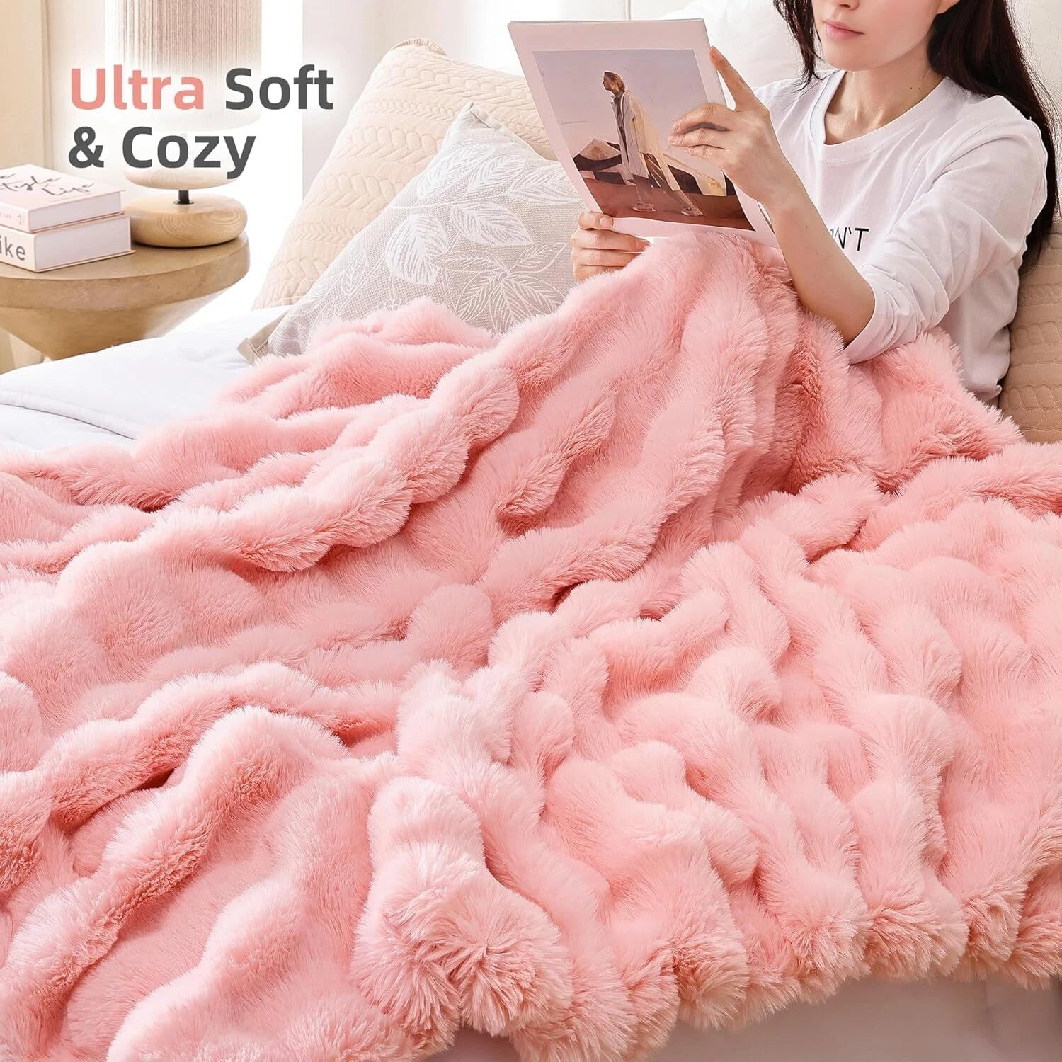 Fur Throw Blanket for Couch – Blush Pink Fluffy Cozy Rabbit Fleece, Plush Soft 07FC0E-D4 - KOEEK
