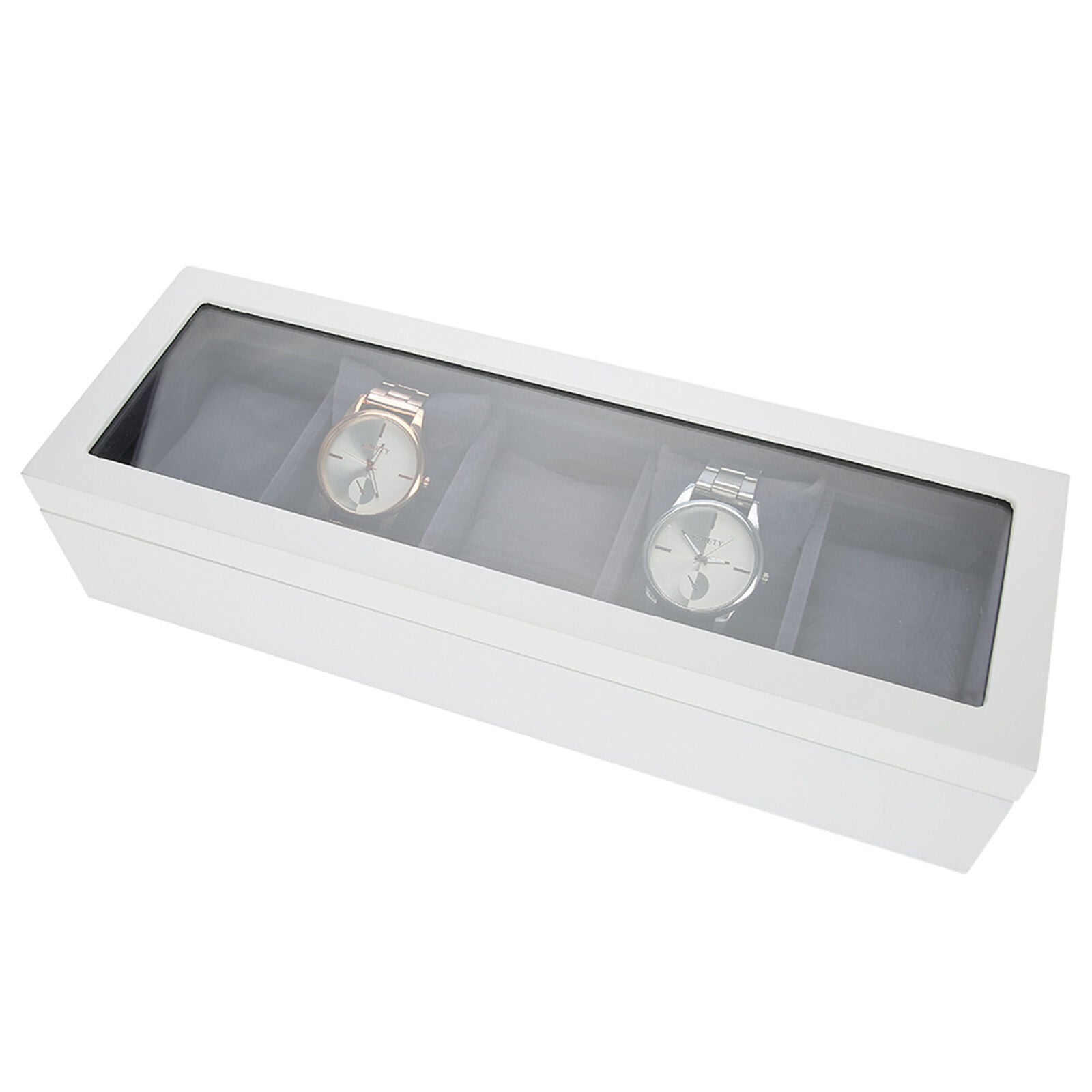 ny (Hvit) Watch Box Display Case 5 Slot Glass Oppbevaringsboks Organizer Klokke smykker