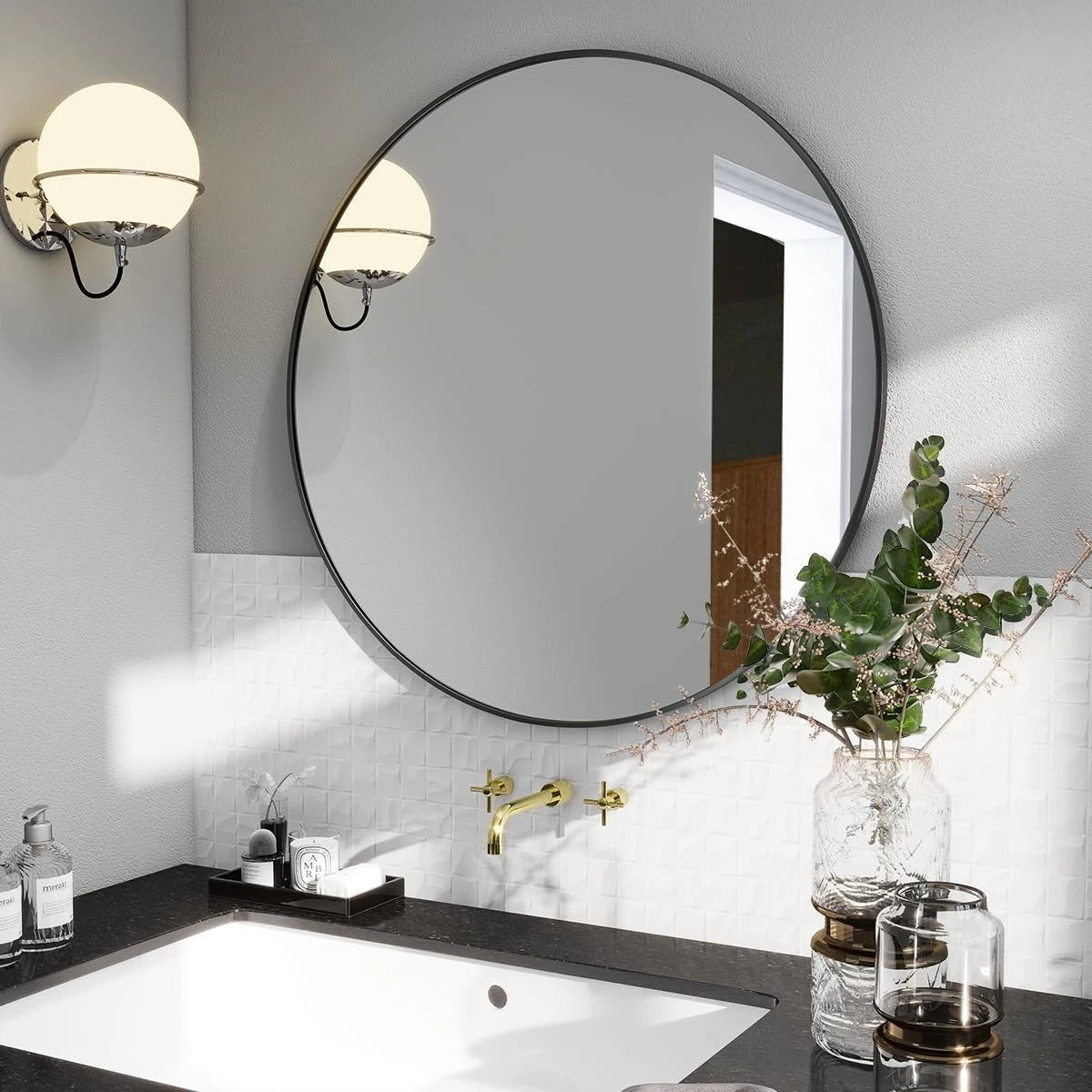 20 Inch Round Mirror, Metal Frame Circle Mirror, Wall Mounted for Entryway 07FC0E-D4 - KOEEK