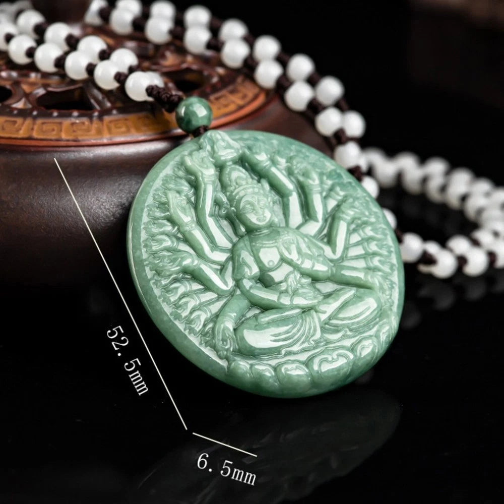 Guanyin Buddha Round Pendant Natural Grade A Jade Jadeite Green Thousand-handed 07FC0E-D4 - KOEEK