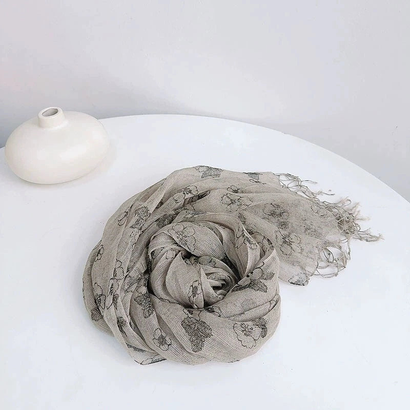 Womens  Flax Linen Floral Scarf  Soft Breathable Elegant Stole Neckerchief 07FC0E-D4 - KOEEK