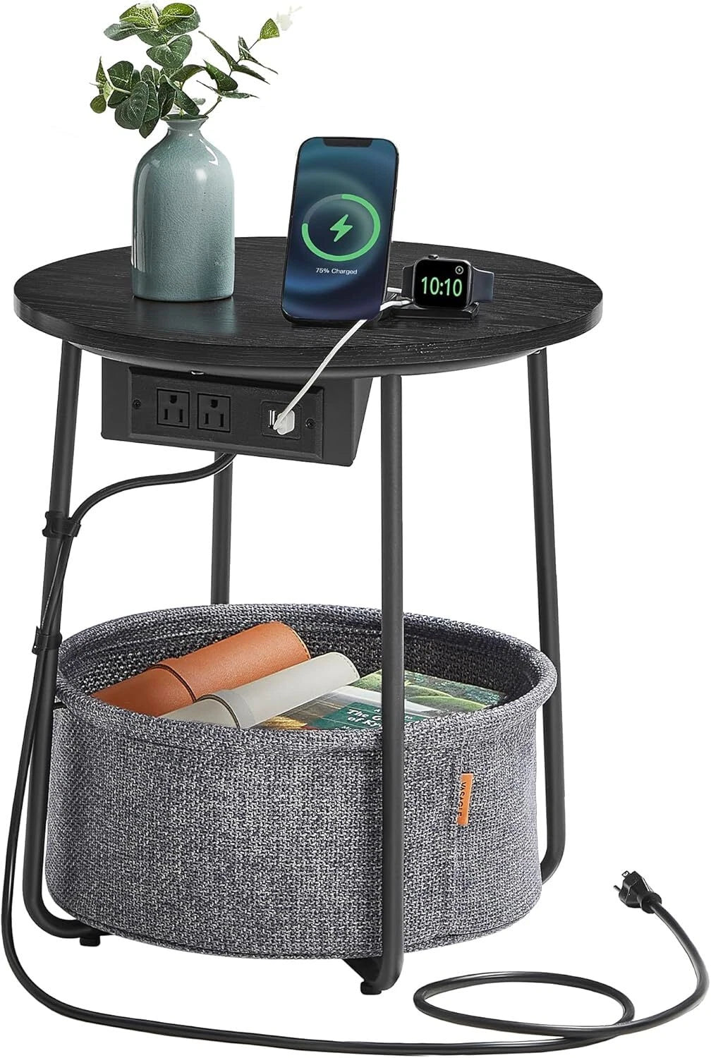 Side table with charging seat, round end table with fabric basket, slate gray 07FC0E-D4 - KOEEK