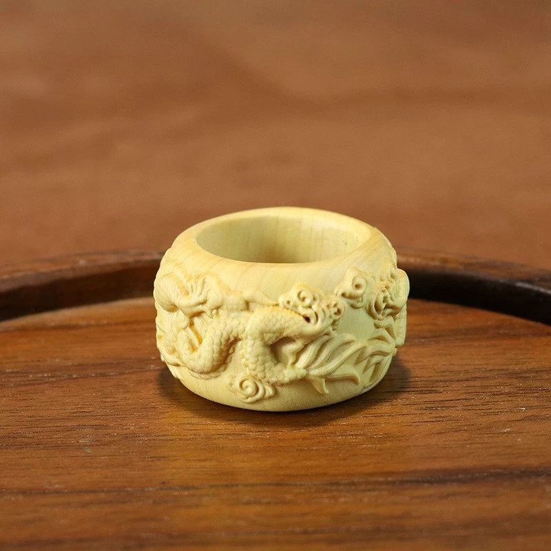 22MM Boxwood Dragon Ring Chinese Style Zodiac Wooden Finger Ring 07FC0E-D4 - KOEEK