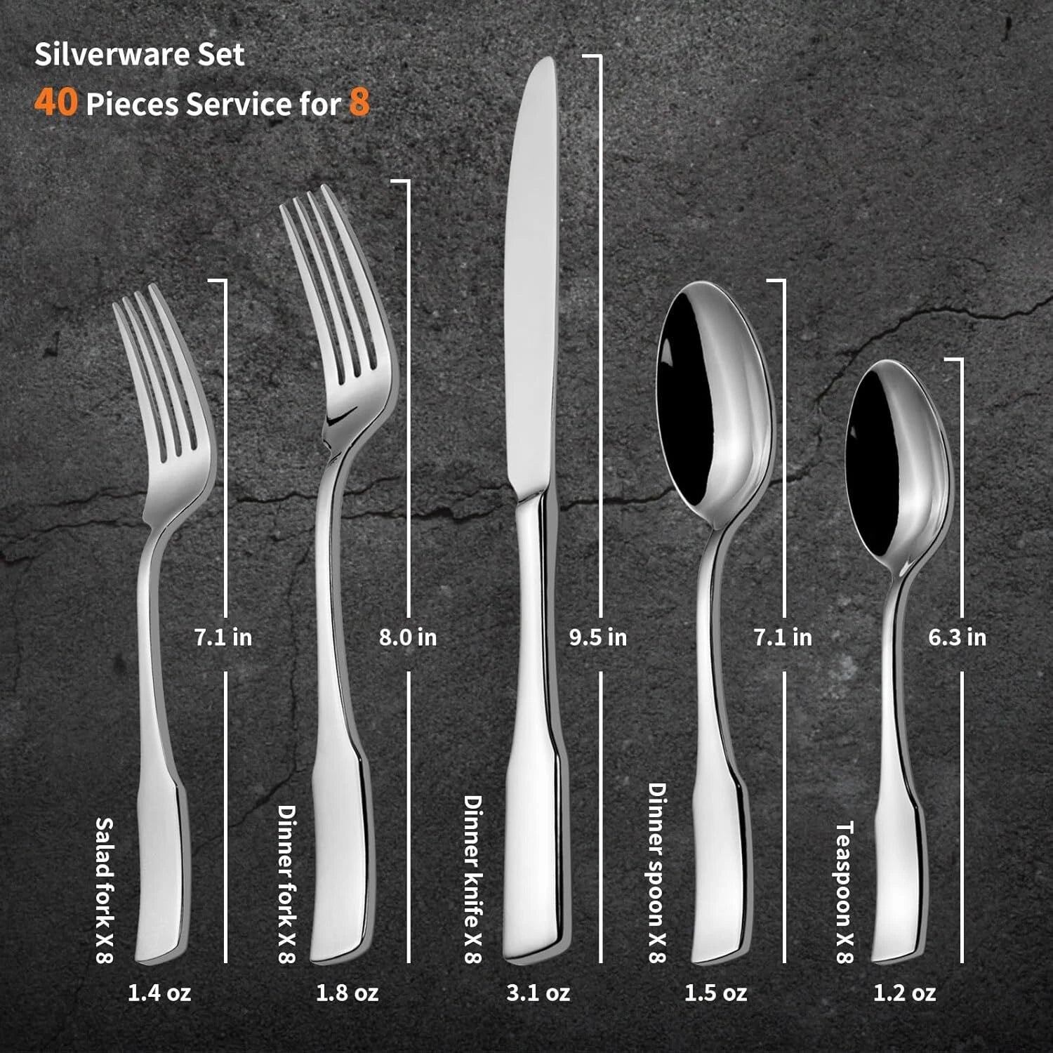 40-Piece Silverware Set,Service for 8,Stainless Steel Flatware Set 07FC0E-D4 - KOEEK