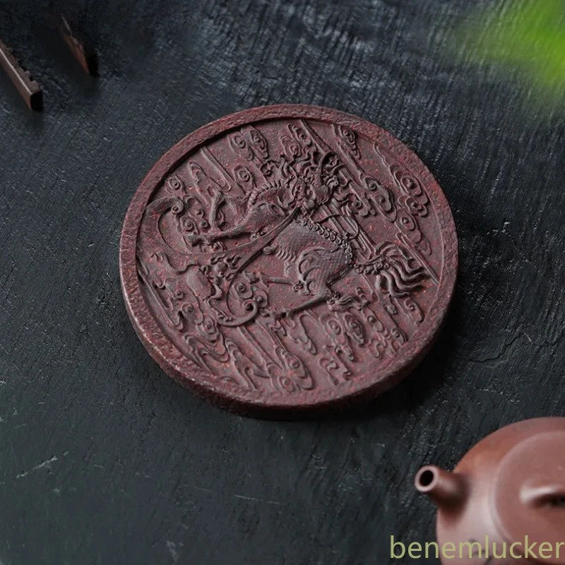 11.5cm Chinese Purple Clay Handcarved Qilin Zen Tea Tray Teaware Base Coaster 07FC0E-D4 - KOEEK