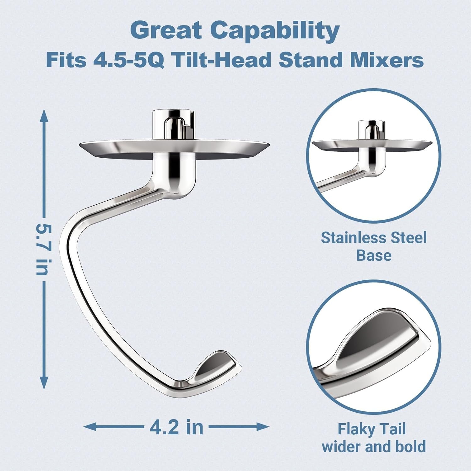 new Polished Stainless Steel Dough Hook for Kitchenaid 4.5-5QT Flat 07FC0E-D4 - KOEEK