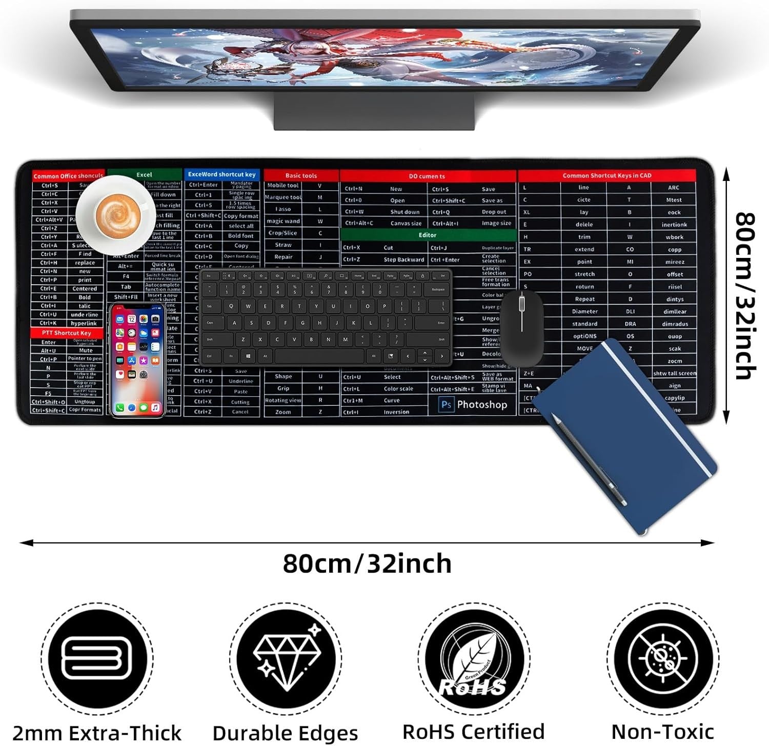 new Quick Key Non-Slip Keyboard Mouse Pad, Desk 800*300mm (11.8*31.5in), Black