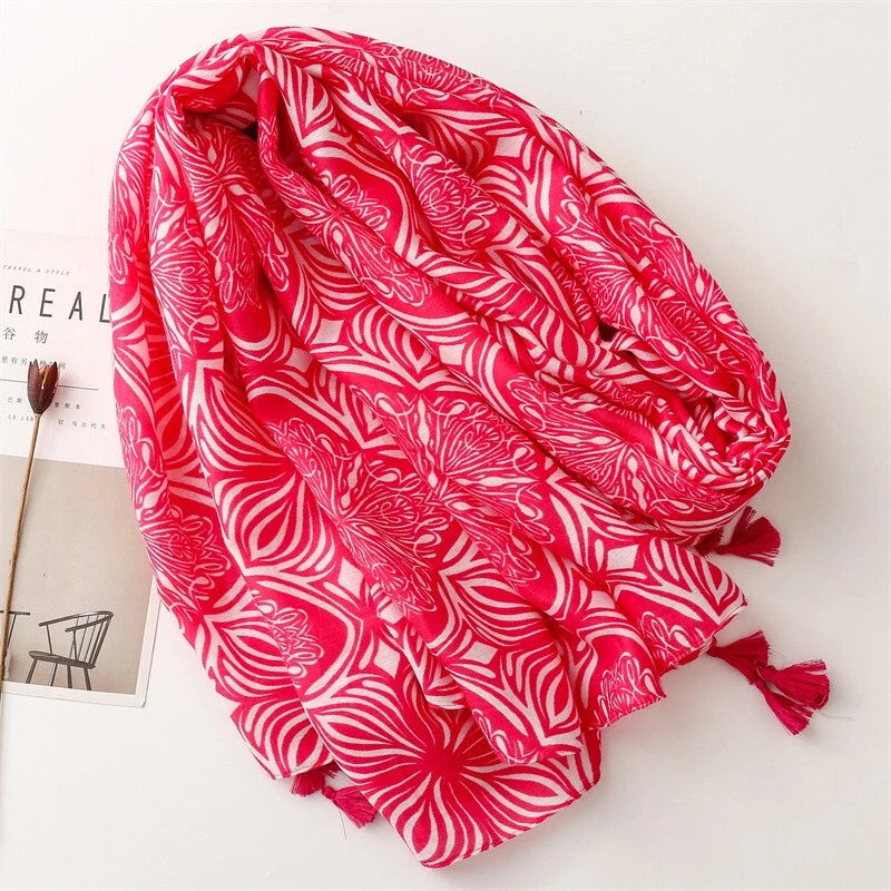 Womens Bright Pink Floral Scarf Tasseled Pashmina Neck Wrap Shawl Bandana 07FC0E-D4 - KOEEK