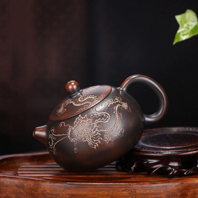 Pottery Tea Pot With Ball Shaped Infuser Holes Dragon Carved Xishi Pot Handmade 07FC0E-D4 - KOEEK