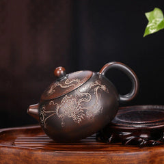 Pottery Tea Pot With Ball Shaped Infuser Holes Dragon Carved Xishi Pot Handmade 07FC0E-D4 - KOEEK