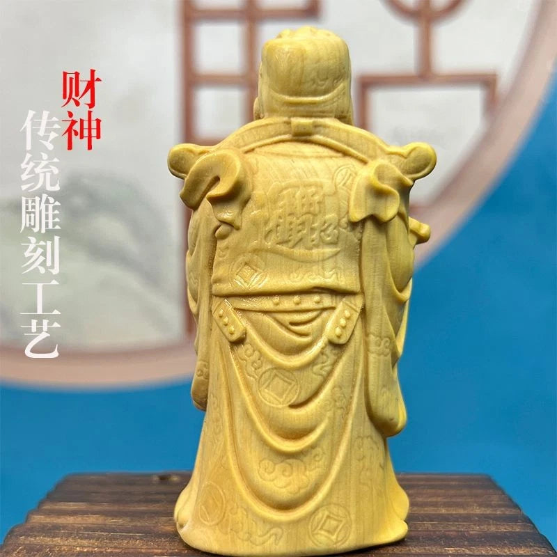 Boxwood Carved Wealth God Figurine Prosperity Home Office Desk Décor Hand Piece 07FC0E-D4 - KOEEK