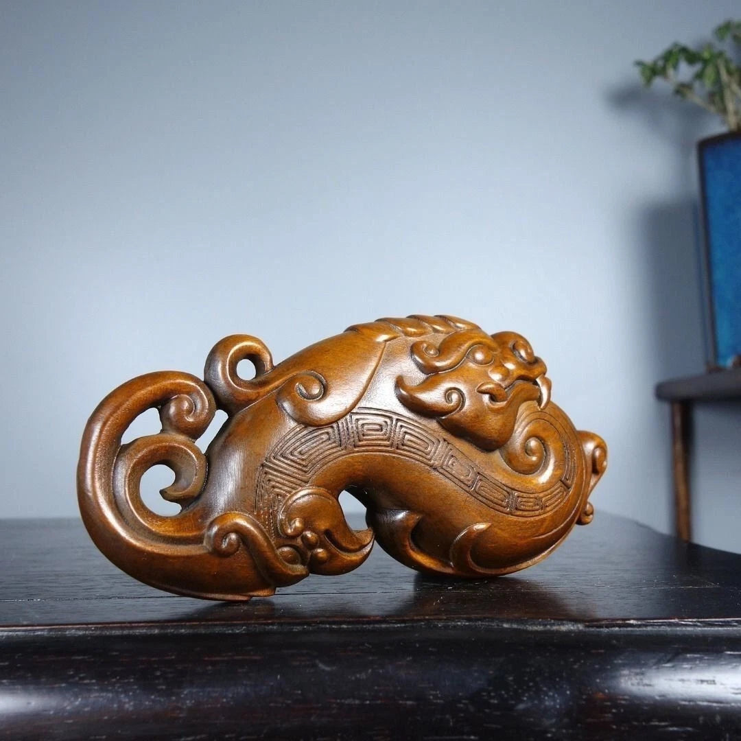 Boxwood Wood Carved Dragon Phoenix Pendant 9cm Handheld Piece Hanging Charm 07FC0E-D4 - KOEEK