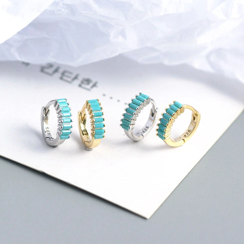 SMALL Sterling Silver Baguette CZ Zirconia Boho Huggie Hoop Earrings 07FC0E-D4 - KOEEK