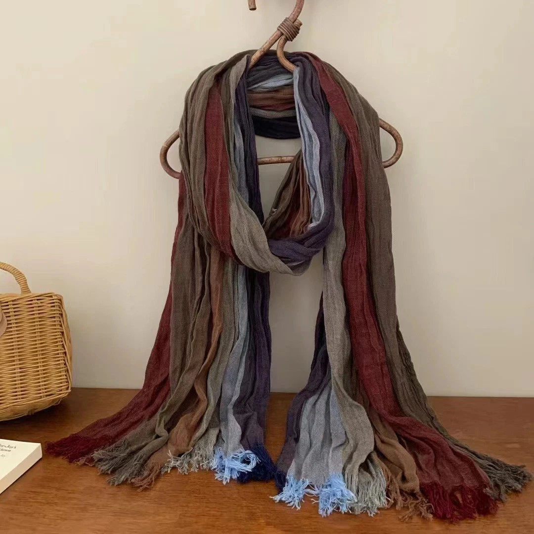 Mens Cotton Linen Colorful Stripe Scarf Shawl Unisex Breathable Soft Scarves 07FC0E-D4 - KOEEK