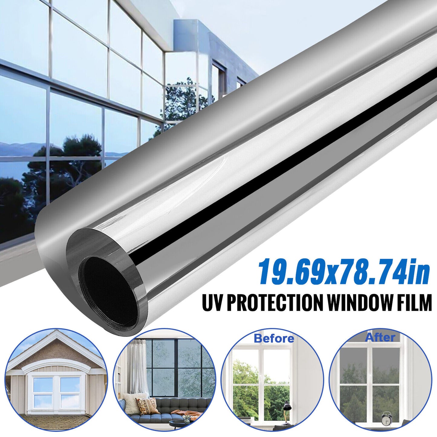 Single Way Mirror Window Film Heat UV Reflective Privacy Protect Tint Foil Home