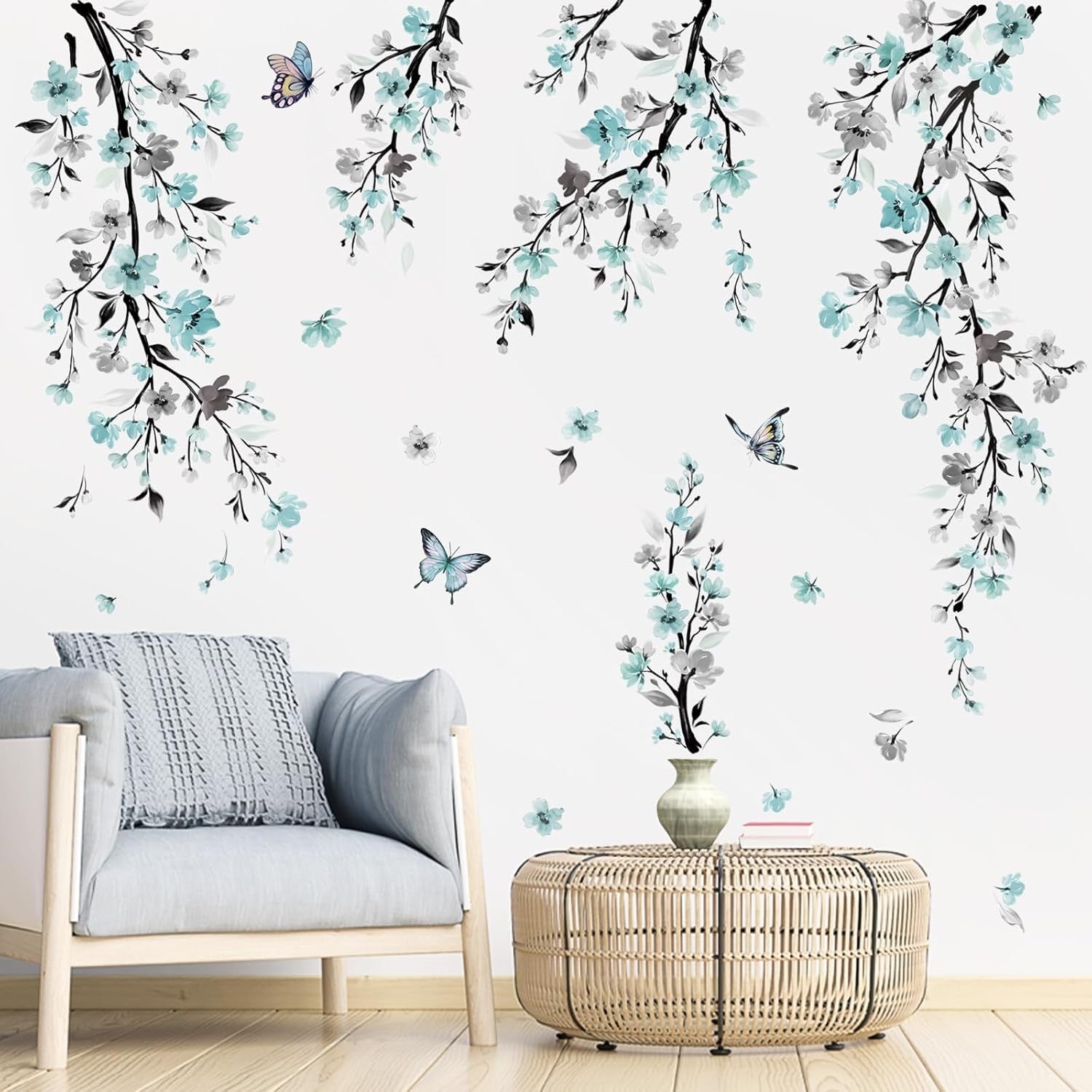 new wondever Watercolor Flower Vine Wall Stickers Blue Hanging Floral Tree Multi