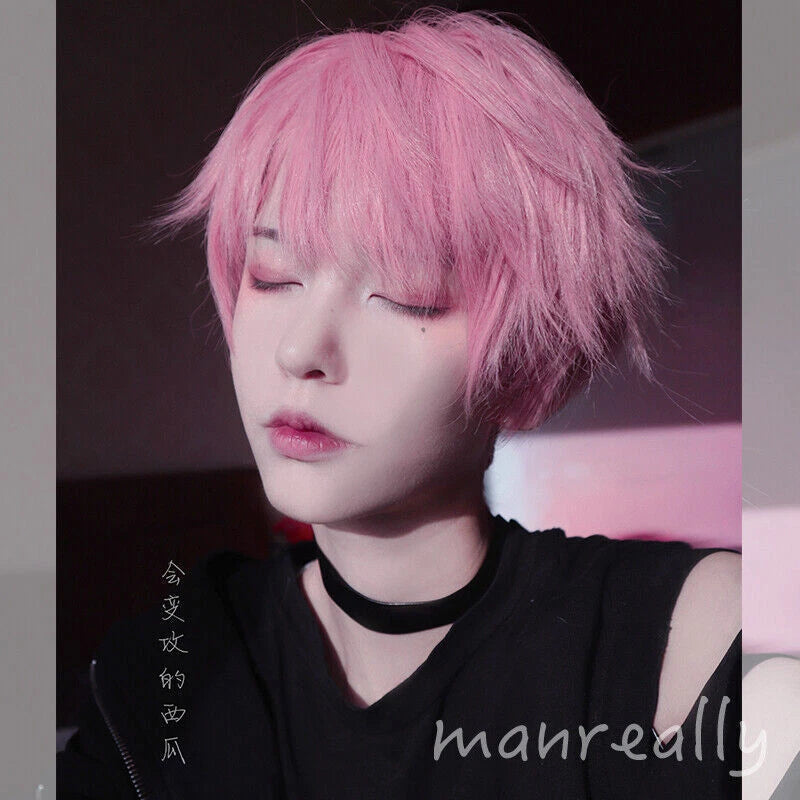 Daily Fluffy Men Short Hair Cosplay Kawaii Boys Full Wig Pink Hairpiece Gift 07FC0E-D4 - KOEEK
