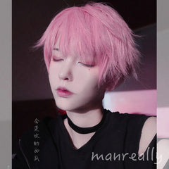 Daily Fluffy Men Short Hair Cosplay Kawaii Boys Full Wig Pink Hairpiece Gift 07FC0E-D4 - KOEEK