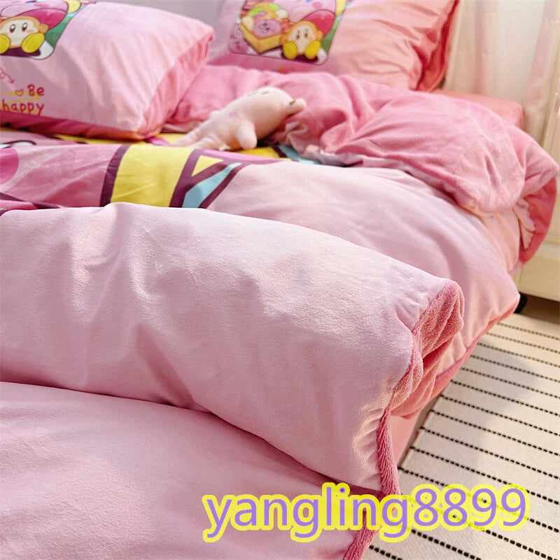 Anime Kirby Velvet Bed Sheet Pillowcase Quilt Cover Double Queen Bedding Set 4pc 07FC0E-D4 - KOEEK