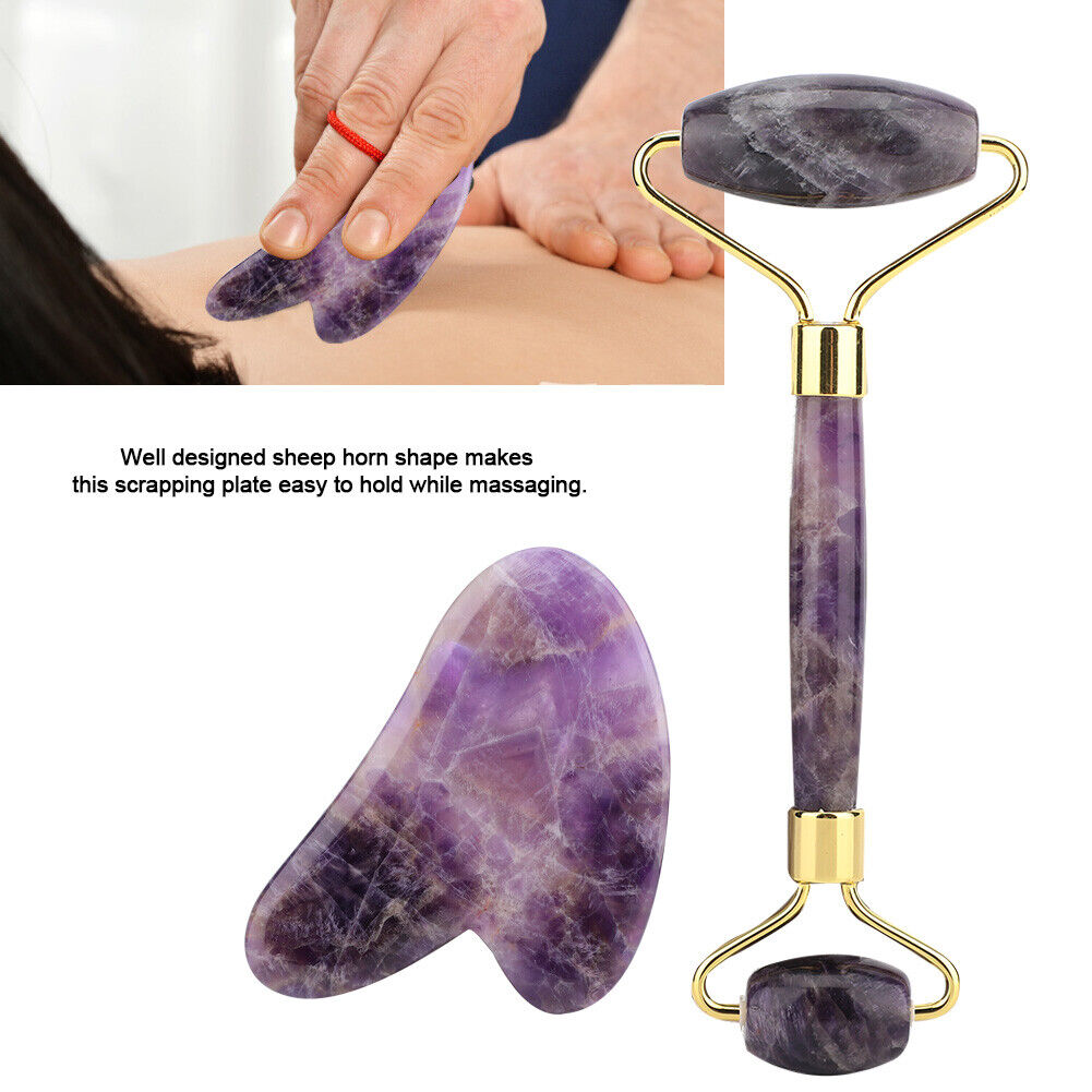 new Amethyst Double Head Jade Stone Roller & Guasha Scrapping Plate Massage Kit HGF koeek - KOEEK