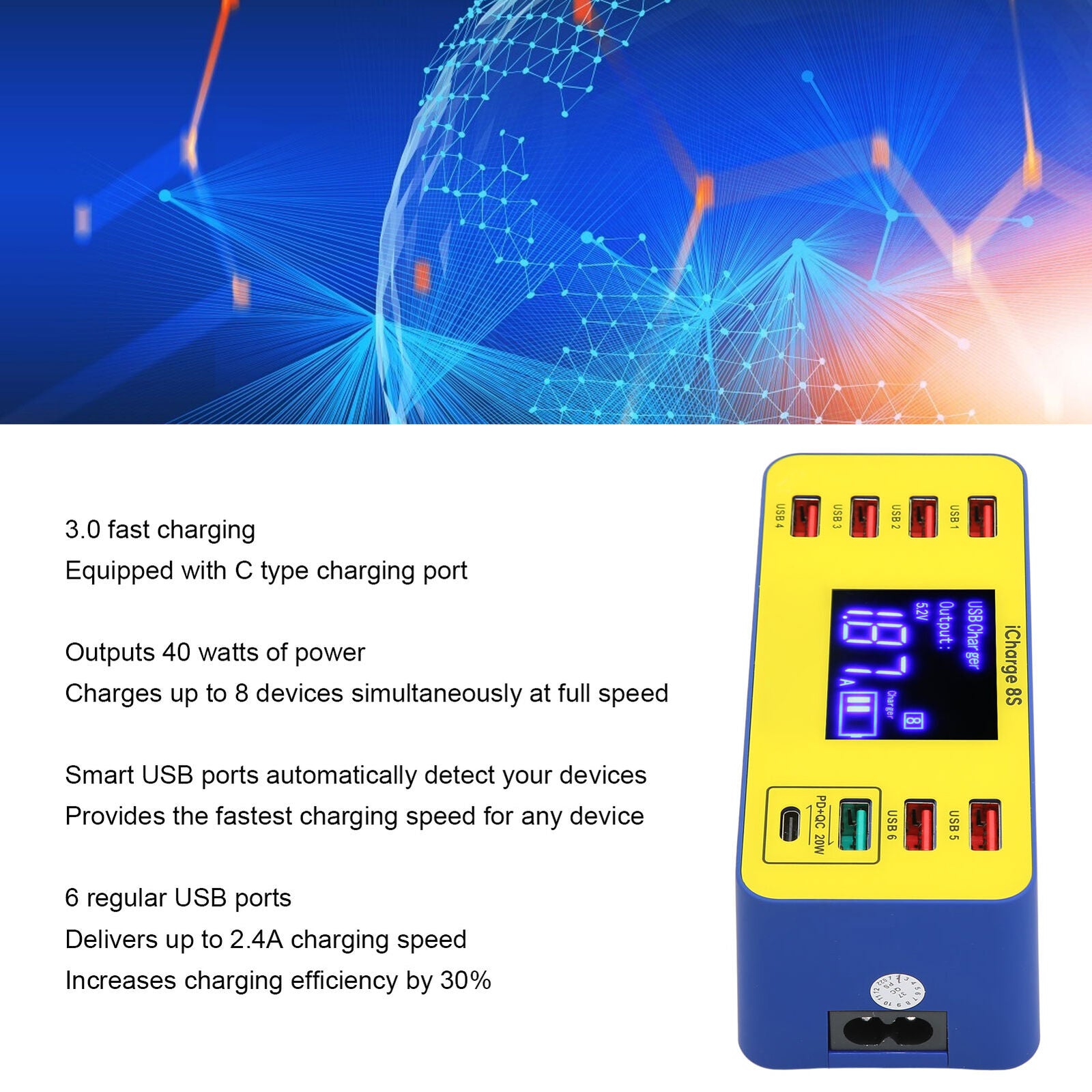 new 8 Port Charging Station 40W Fast Charging Multi Port USB Hub Charger With LCD Di koeek - KOEEK