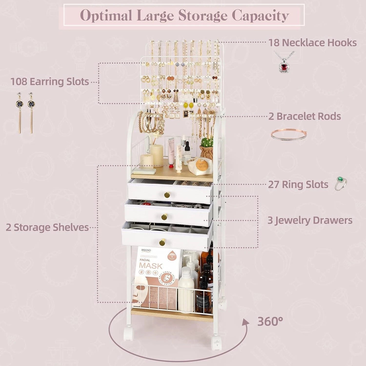 Large Jewelry Organizer Stand with 3 Box Drawer - Necklace Organizer Earring 07FC0E-D4 - KOEEK