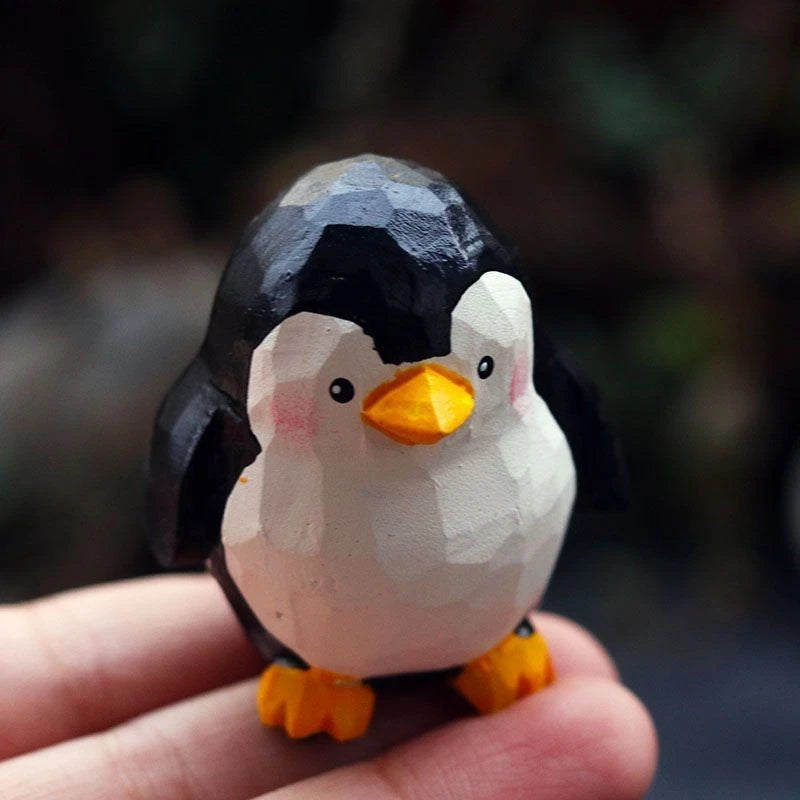 2Pc Hand Carved Wooden Penguin Figurines Mini Desktop Home Decor 07FC0E-D4 - KOEEK