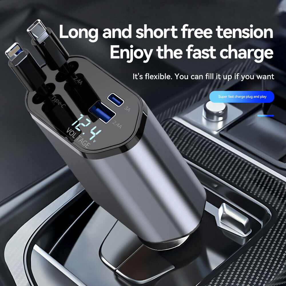 new 4 IN 1 Retractable Car Charger Cable Dual Port USB C PD Fast Charging Adapter koeek - KOEEK