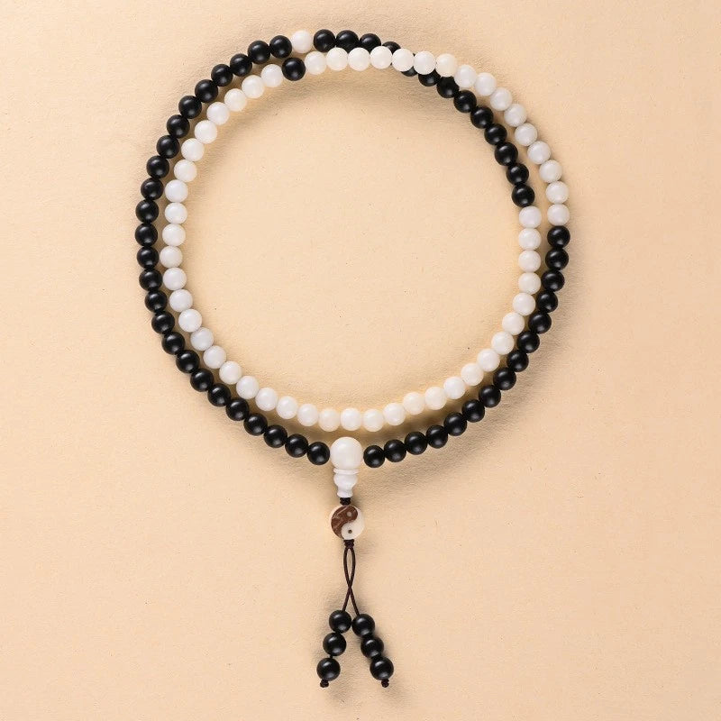 8mm White Bodhi Black Ebony Bead 108 Beads Taoist Yin Yang Bagua Bracelet 07FC0E-D4 - KOEEK