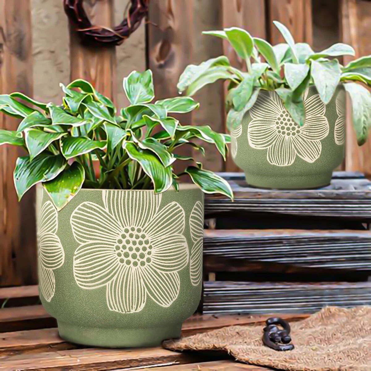 8-Inch + 6-Inch White Floral Pattern Planter, Sand Glazed Ceramic Planter,Green 07FC0E-D4 - KOEEK