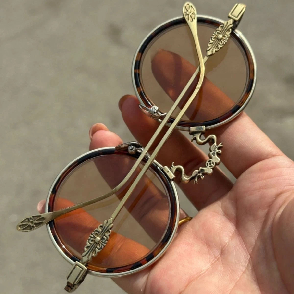 Vintage Chinese Crystal Round Glasses Tea Tint Copper Frame Eyewear Sunglasses 07FC0E-D4 - KOEEK