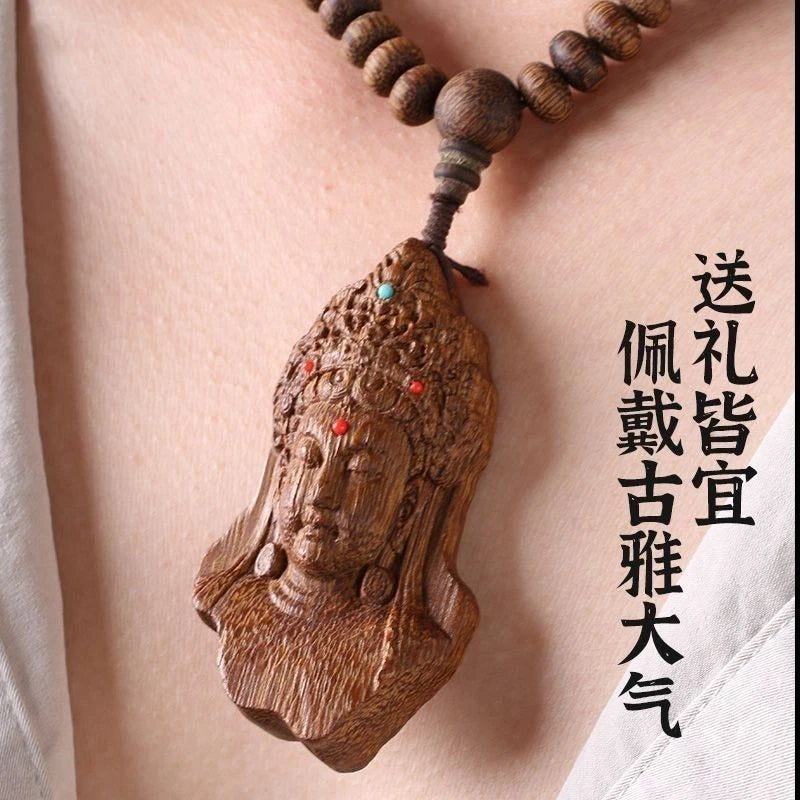 Nha Trang Agarwood Guanyin Pendant Necklace Natural Wood Bead Sweater Chain 07FC0E-D4 - KOEEK