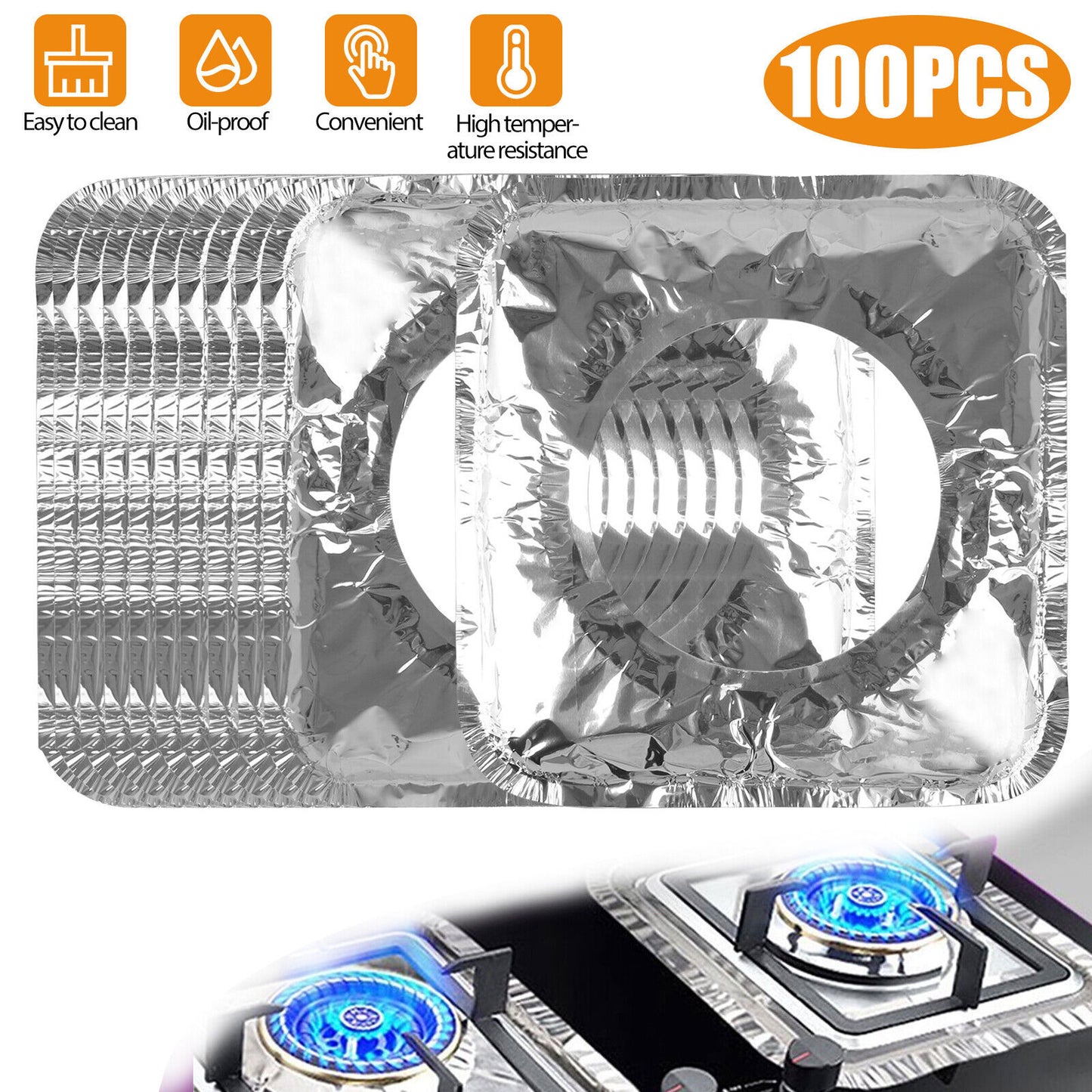 100pcs Aluminum Foil Gas Stove Burner Liners Disposable Square Cooker Protector