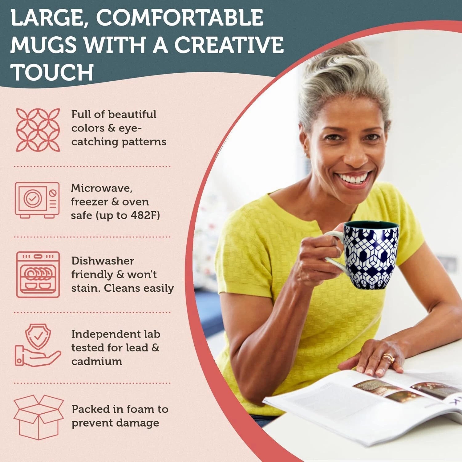 Large Coffee Mug Set of 6 - Porcelain Cups for Women or Men - Microwave 07FC0E-D4 - KOEEK