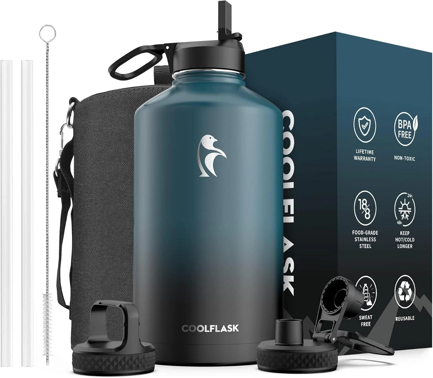 128 oz.Gallon Insulated Water Bottle with Straw and 3 Lids,Stainless Steel Metal 07FC0E-D4 - KOEEK
