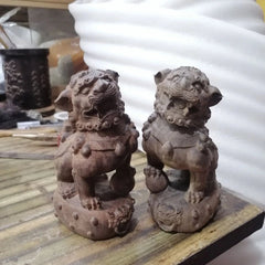 Agarwood Lion Pair Figurine Wood Carving Feng Shui Office Decor 9x14cm 07FC0E-D4 - KOEEK