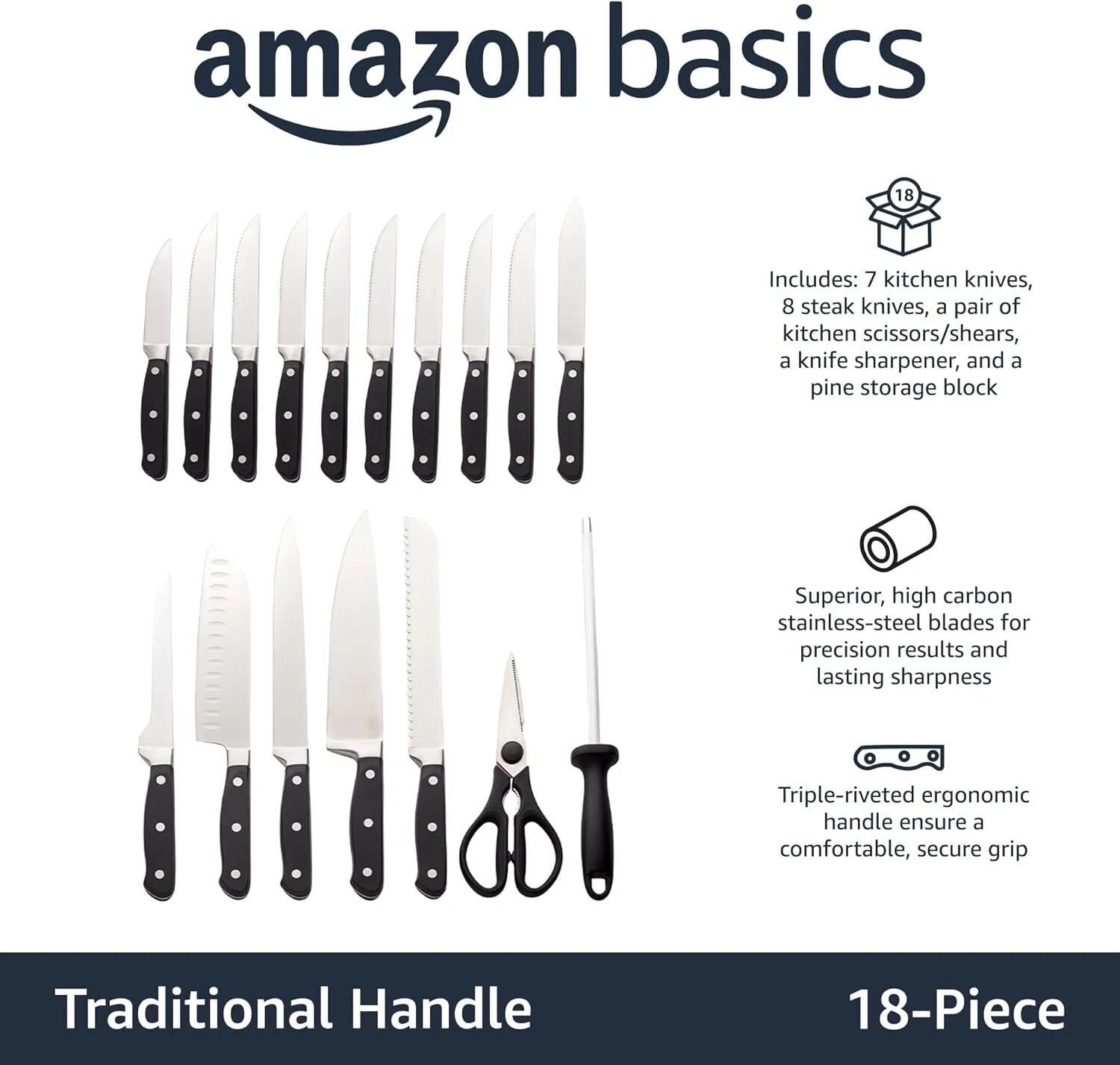18-PiecePremium High Carbon Stainless Steel Blade Set with Pine Wood Block,Black 07FC0E-D4 - KOEEK