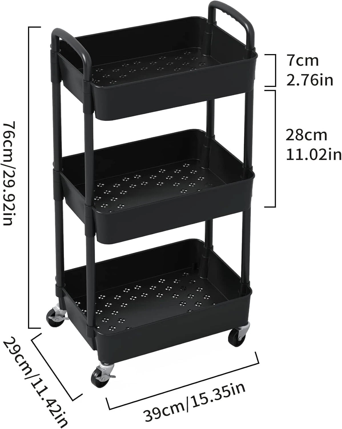 3-Tier Plastic Rolling Utility Cart with Handle,Multi-Functional Storage Trolley 07FC0E-D4 - KOEEK