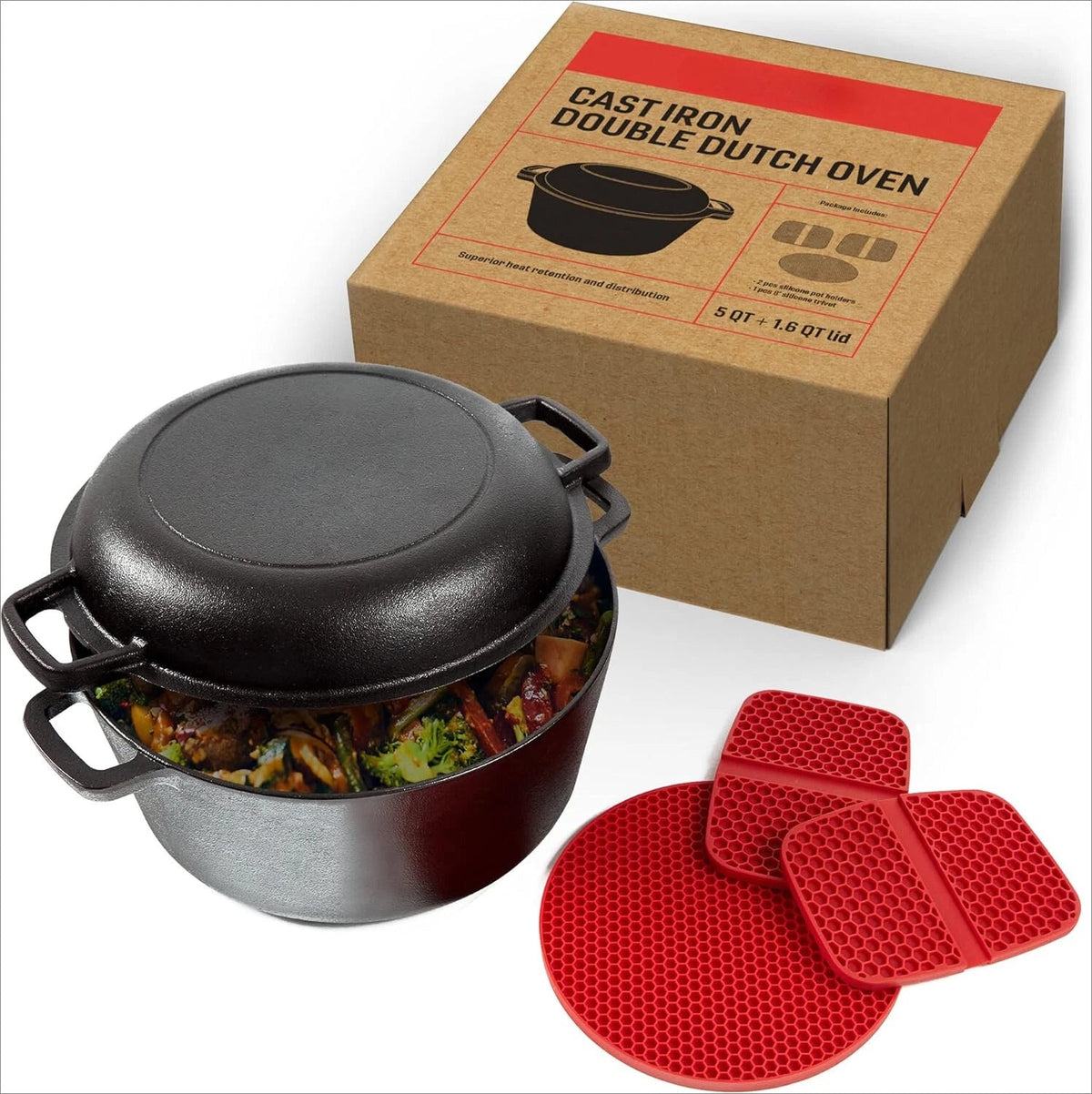 2 in 1 Large Cast Iron Dutch Crock - 5-Quart Dutch Crock with Lid 07FC0E-D4 - KOEEK