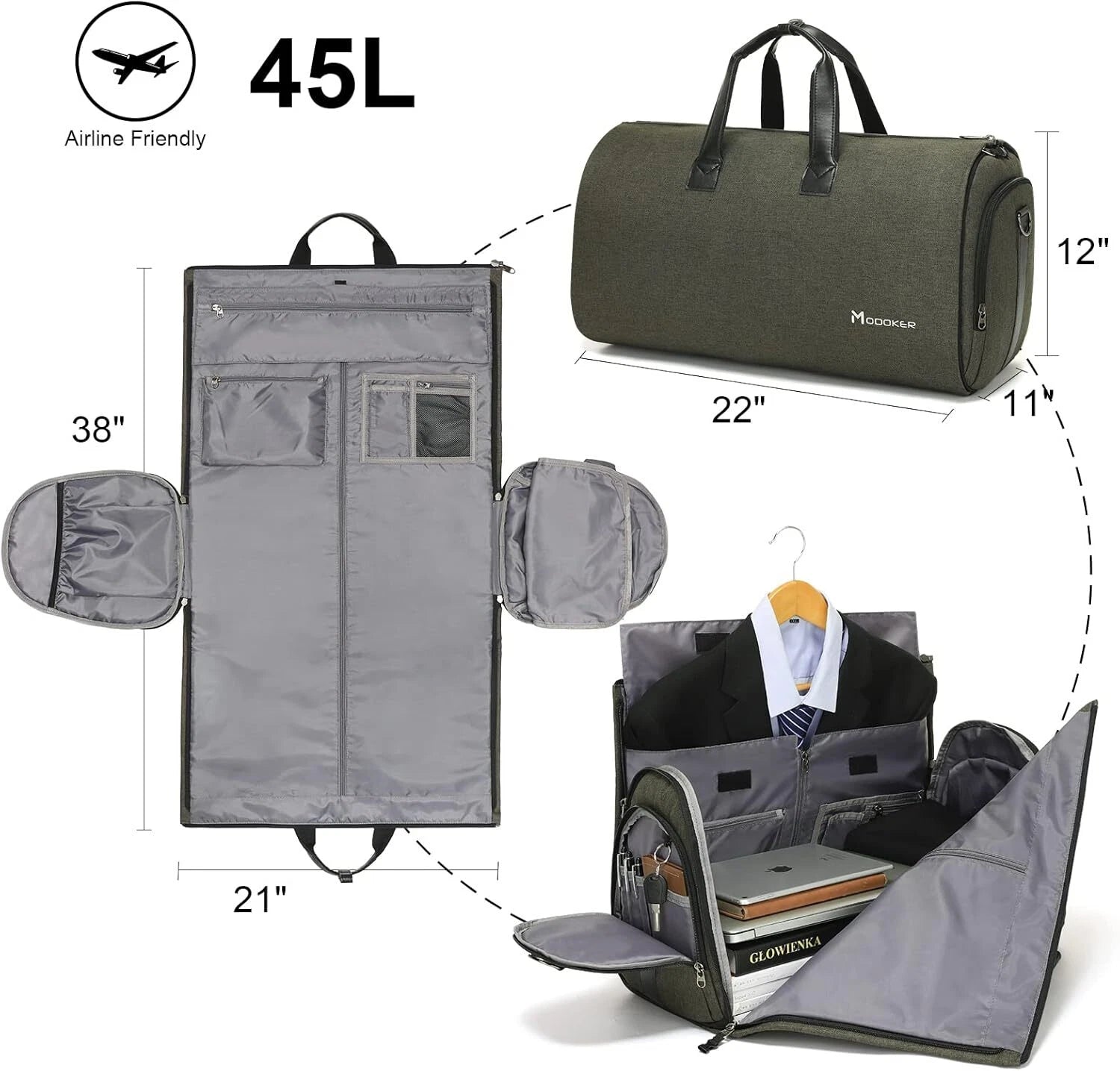 Convertible garment bag with shoulder strap, 2-in-1 hanging suitcase travel bag 07FC0E-D4 - KOEEK