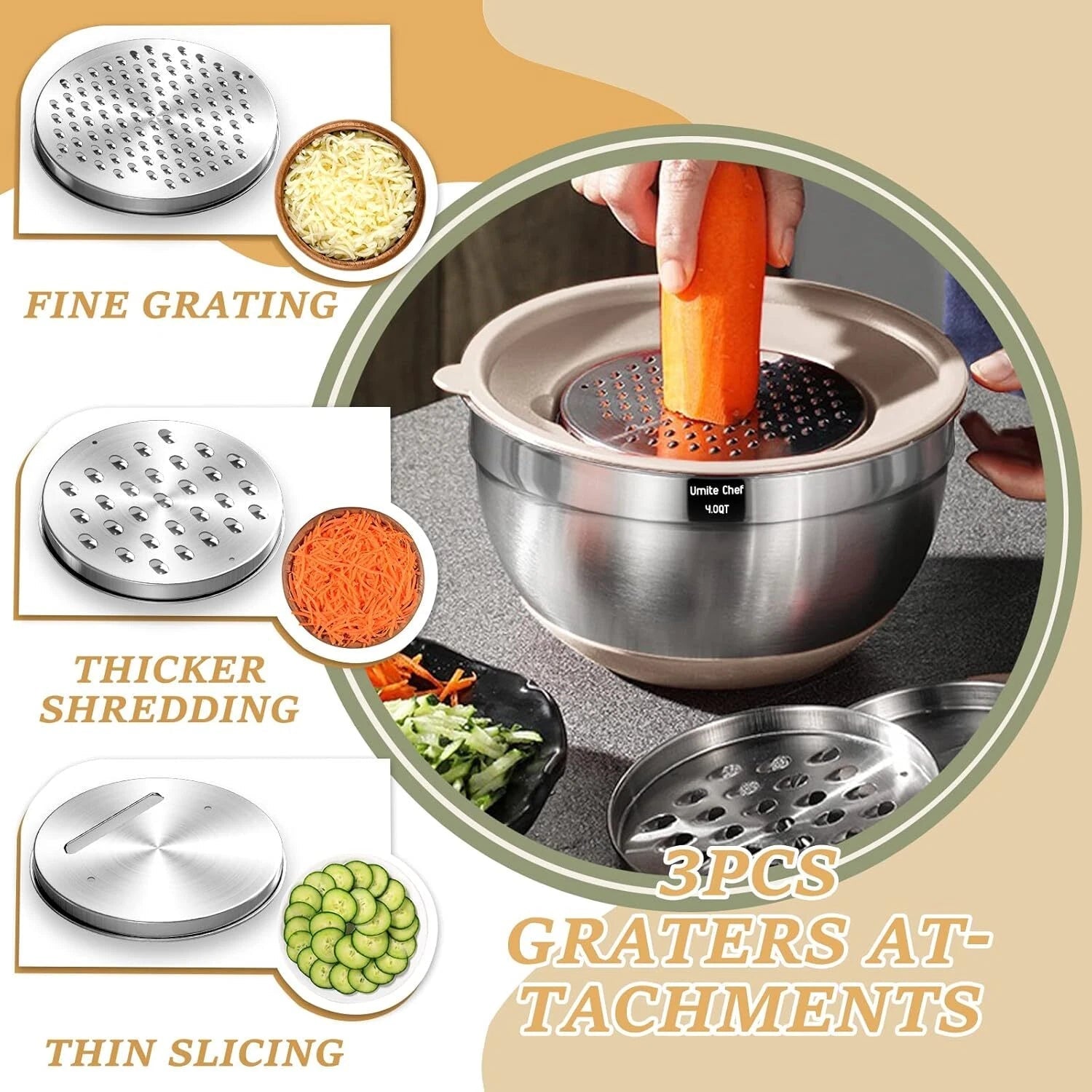 Mixing Bowl Set with Sealed Lid, 26 Piece Stainless Steel Khaki Bowl Set. 07FC0E-D4 - KOEEK