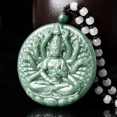 Guanyin Buddha Round Pendant Natural Grade A Jade Jadeite Green Thousand-handed 07FC0E-D4 - KOEEK