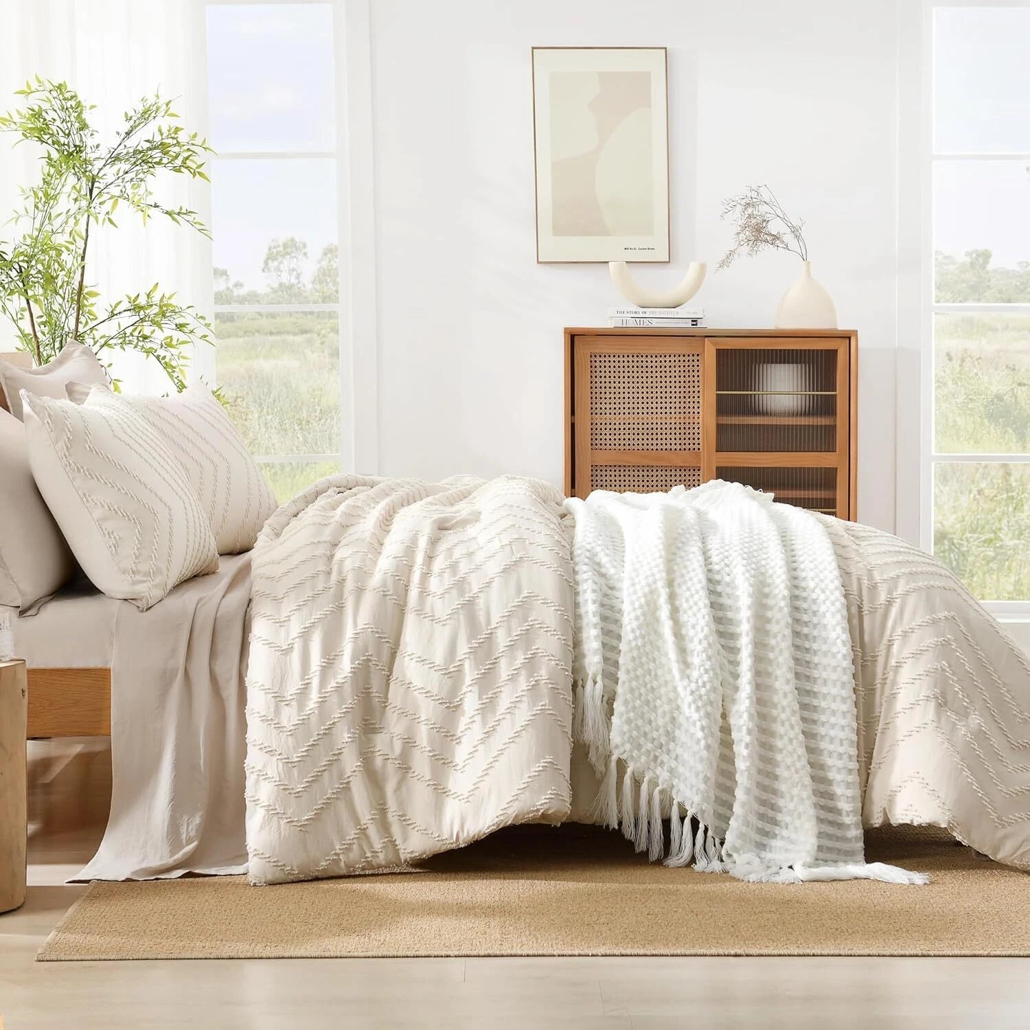 Queen Beige Duvet Cover, 3-Piece Lightweight Chevron Tufted Bedding Set 07FC0E-D4 - KOEEK