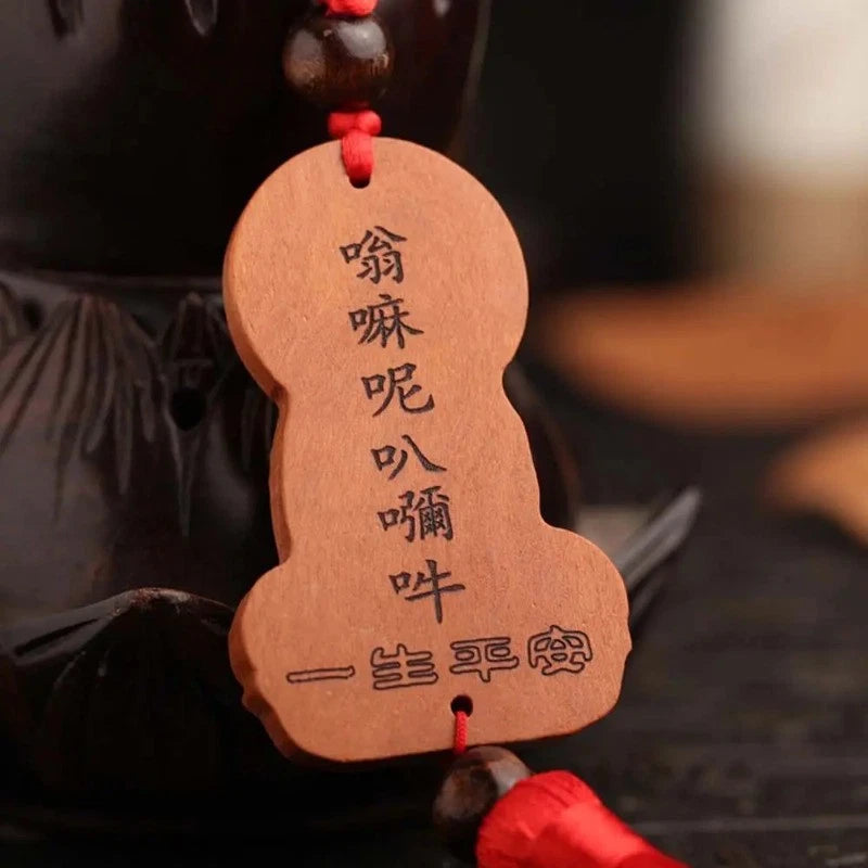 Peach Wood Handcarved Buddha Statue Tassel Amulet Pendant Guanyin Keychain 07FC0E-D4 - KOEEK