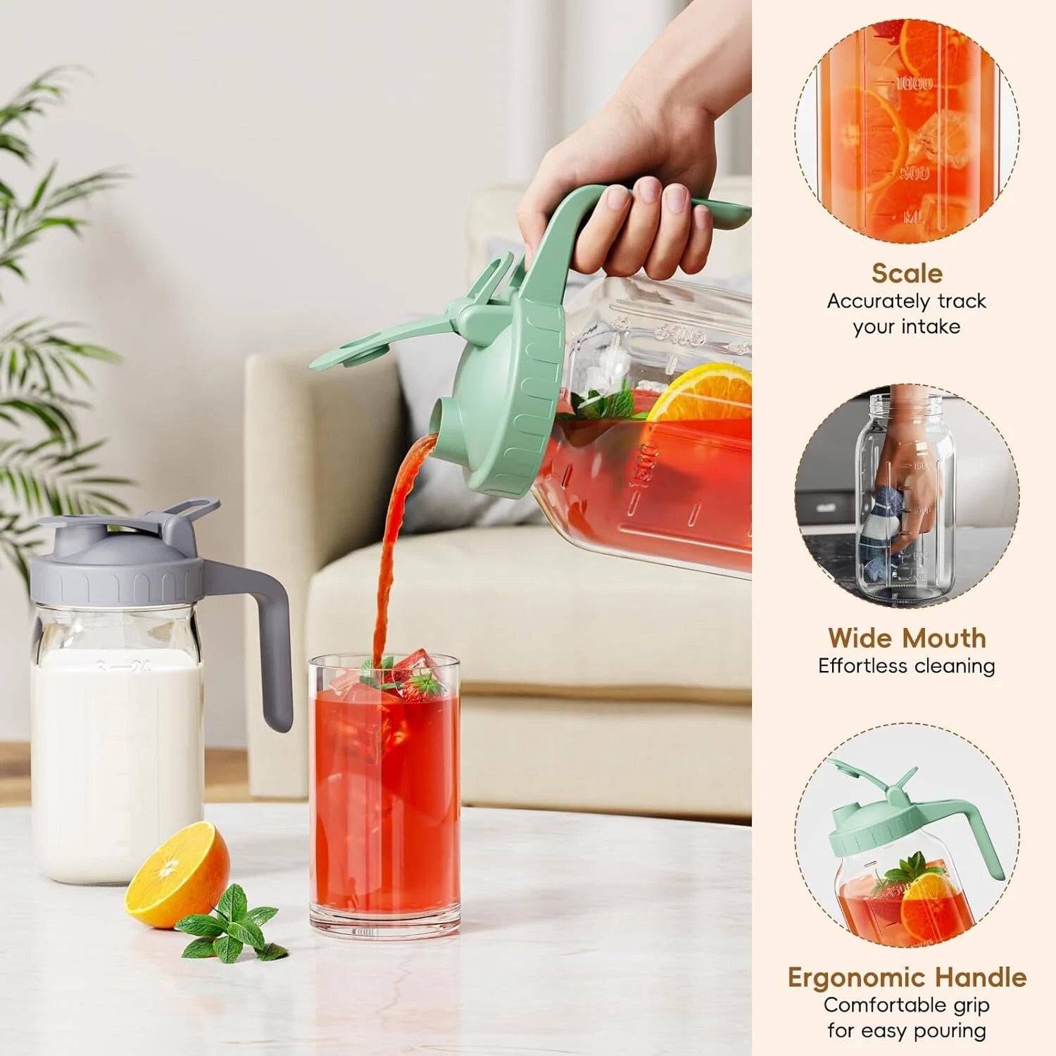 Breast Milk Pitcher Jug - 32 oz Glass Mason Jar Airtight Pitcher Spout Handle 07FC0E-D4 - KOEEK