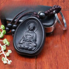 Retro Wood Handcarved Amitabha Buddha Statue Keychain Buddhist Amulet Pendant 07FC0E-D4 - KOEEK