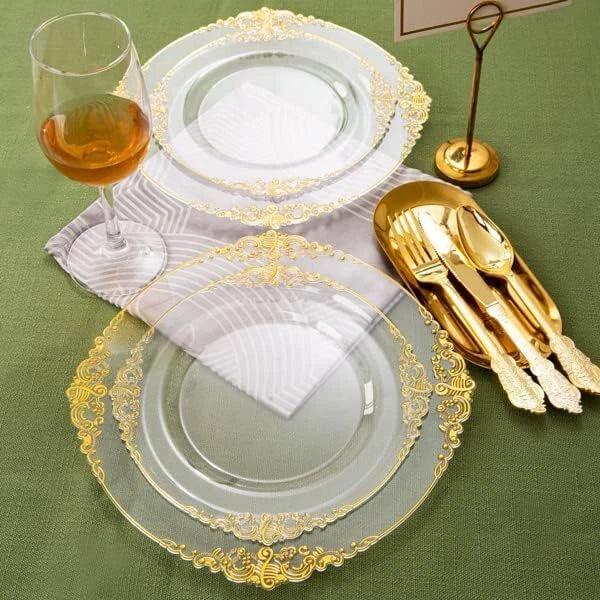 Clear & Gold 100PCS Heavyweight Disposable Plates - 50PCS 10.25" Dinner & 50PCS 07FC0E-D4 - KOEEK